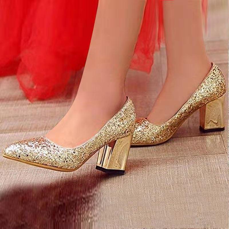 Rhinestone glitter pointed toe chunky high heel wedding dress pumps