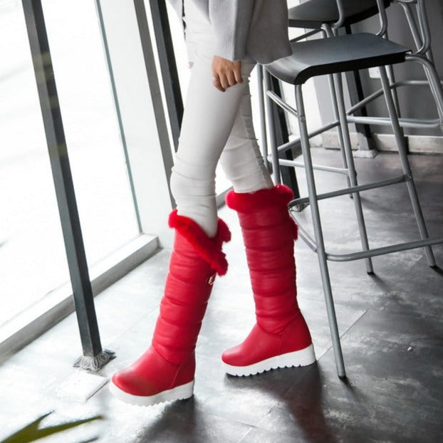 Women's winter faux fur warm chunky platform knee high snow boots