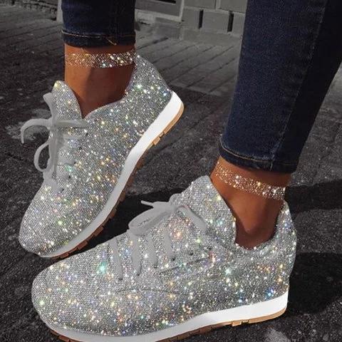 Women Glitter Rhinestone Shiny Crystal Platform Comfy Sneakers - fashionshoeshouse