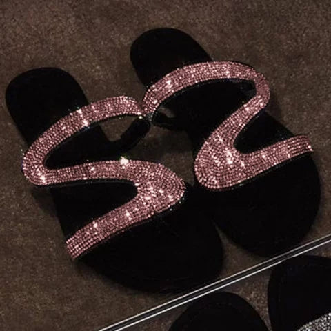 Sparkling Beads Glitter Flat Slide Sandals Women Shiny Slipper - fashionshoeshouse
