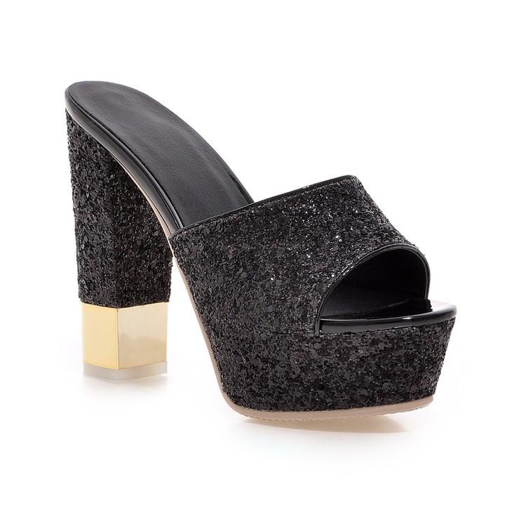 Women's rhinestone sequined peep toe chunky high heels slides