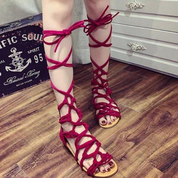 Women's flat knee high lace-up roman sandals