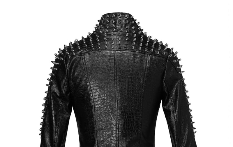 Women's studded biker jacket coat snakeskin print turn down collar short jacket with belt