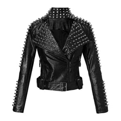 Women's studded biker jacket coat snakeskin print turn down collar short jacket with belt
