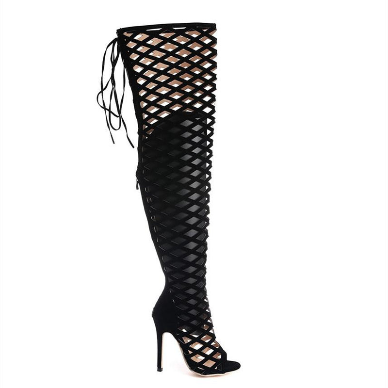 Women's sexy black hollow out thigh high stiletto boots for party