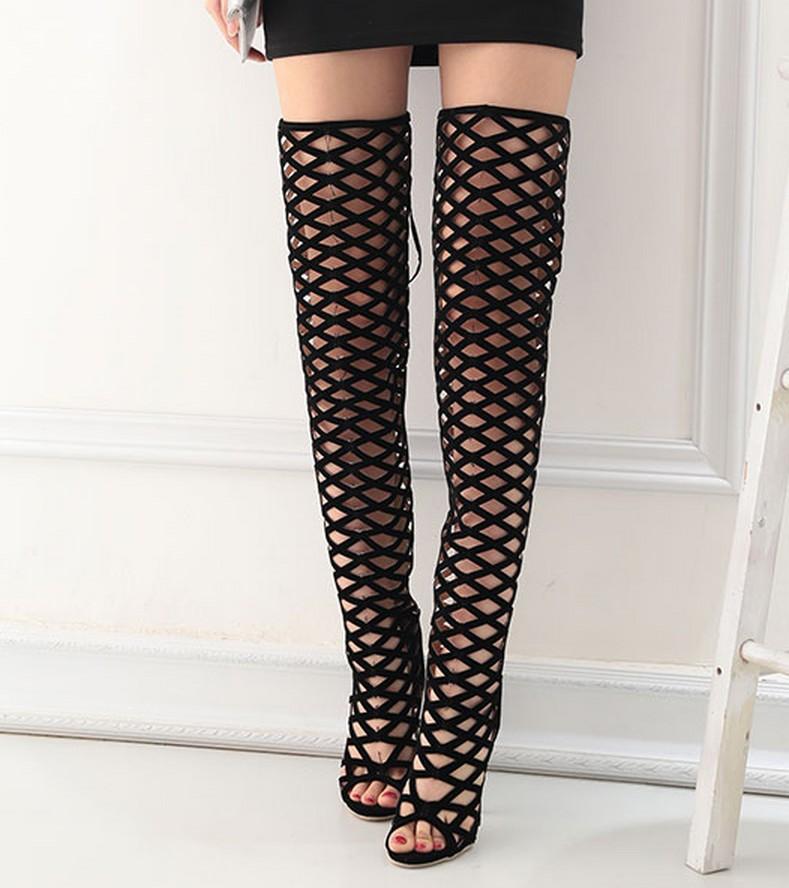 Women's sexy black hollow out thigh high stiletto boots for party