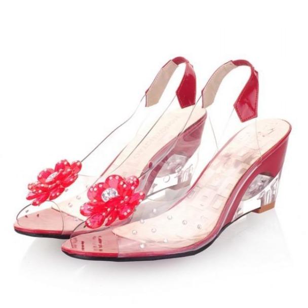 Women's clear wedge peep toe toe slingback sandals crystal flower transparent sandals