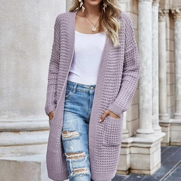 Women's open front knitted cardigan sweater long sleeve crochet sweater with pockets