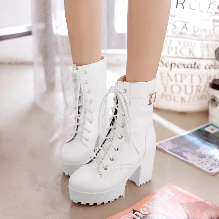 Women Platform Chunky High Heel PU Martin Boots - fashionshoeshouse