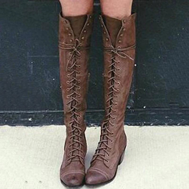 Women Long Studded Lace Up Knee High Boots
