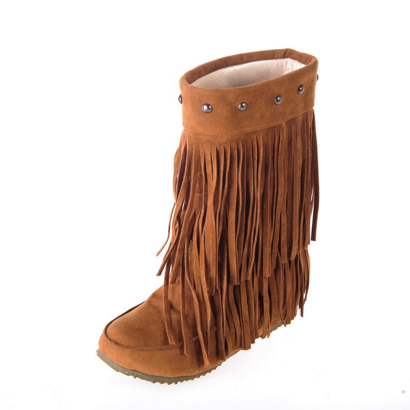 Women's ethnic faux suede retro tassles mid calf plush snow boots