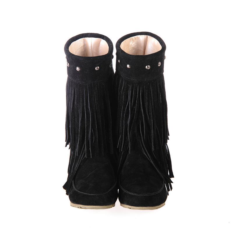 Women's ethnic faux suede retro tassles mid calf plush snow boots
