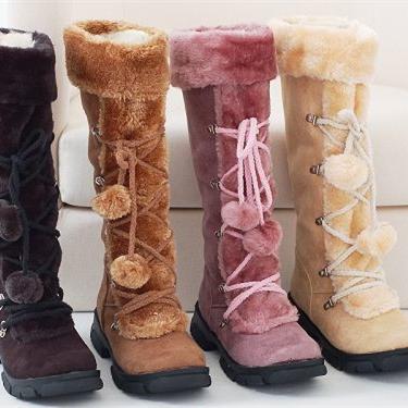 Plush poms lace-up snow boots for women