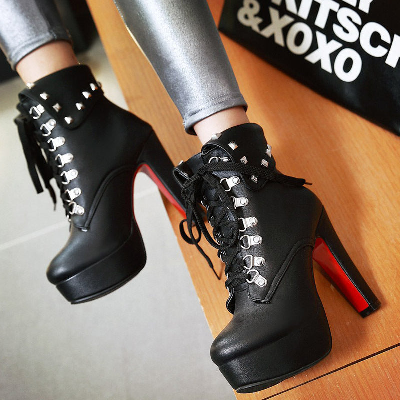 Women's sexy studded platform heeled lace-up ankle boots