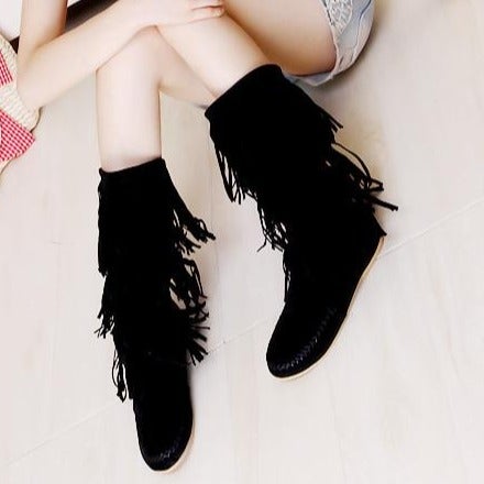 Women's mid calf tassles boots | Flat fringe boots