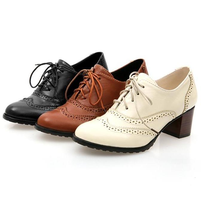 Women's chunky mid-heel brogue oxfords shoes font lace loafers