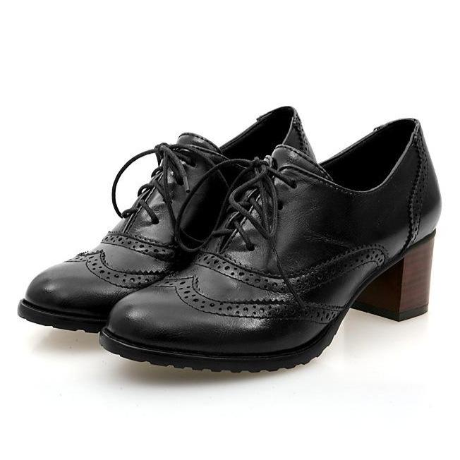 Women's chunky mid-heel brogue oxfords shoes font lace loafers