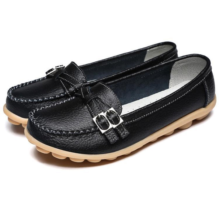 Soft Slip-on Leather Flats Black Flat Shoes For Women - fashionshoeshouse