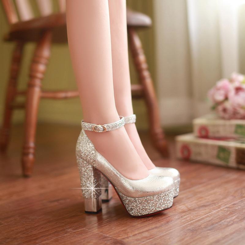 Women sexy sequin glitter buckle strap platform chunky high heels for wedding party