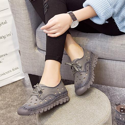 Women's hollow leather front lace loafers shoes | Soft comfy walking spring summer shoes