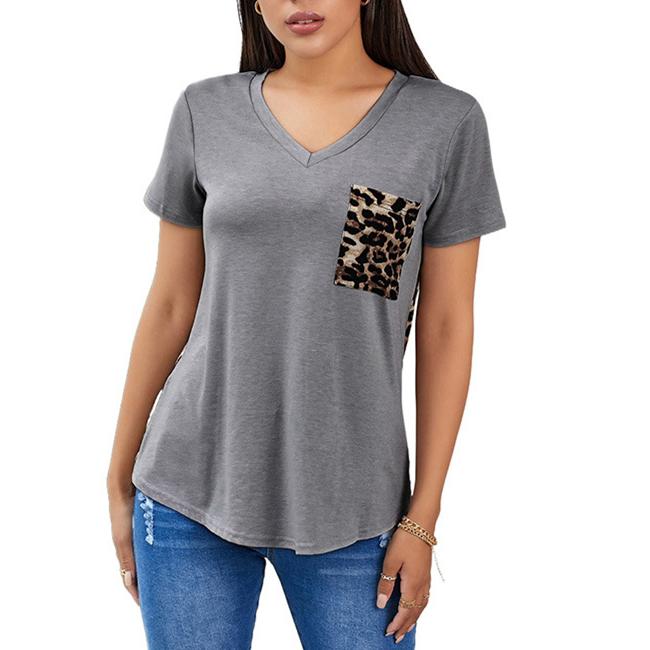 Women's leopard printed v-neck pocket t-shirts