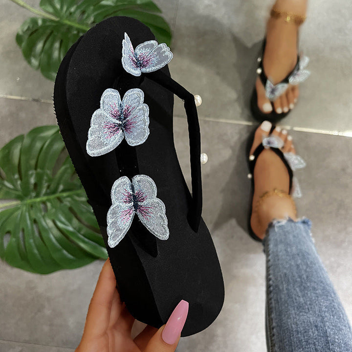 Women's butterfly platform wedge flip flops summer clip toe slippers