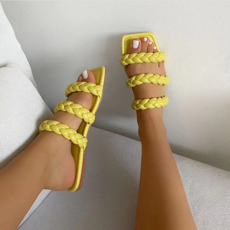 Women's flat square open toe woven 3 straps slide sandals