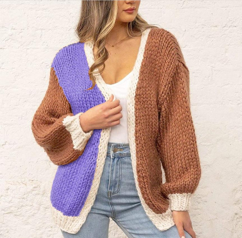 Women's 2 tones colorblock open front knitted cardigan sweater