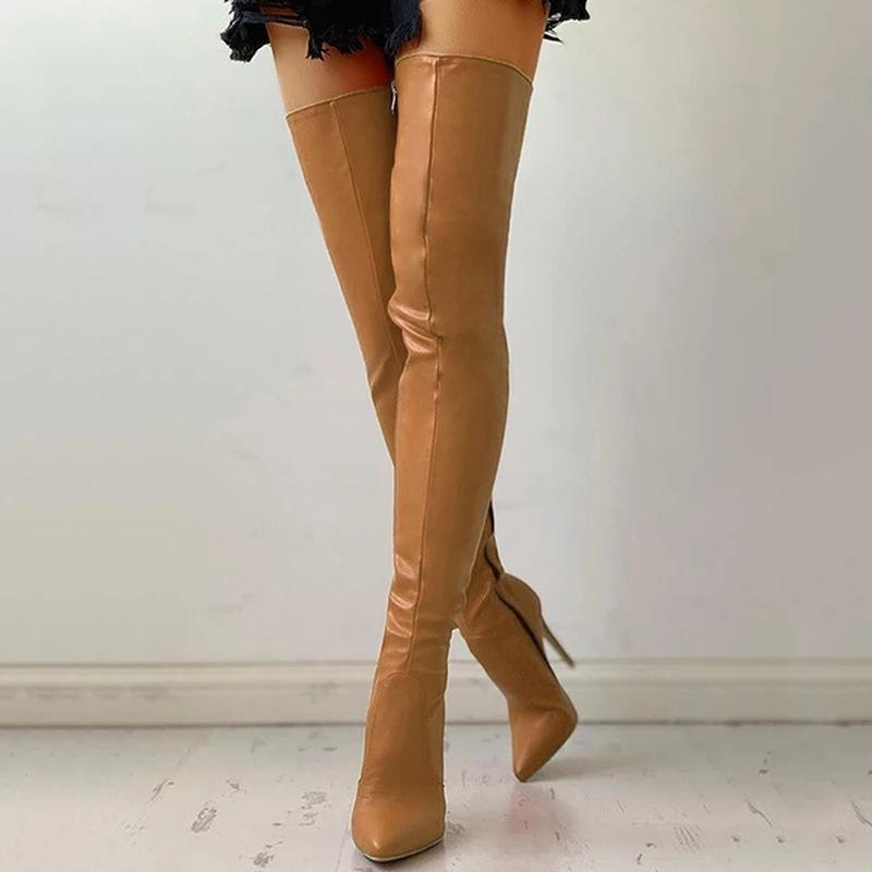 Women slim fit zipper stiletto high heeled pointed toe thigh high boots