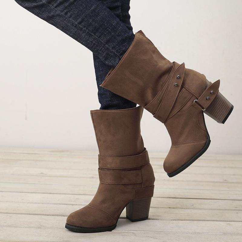 Buckle strap chunky high heel mid calf boots