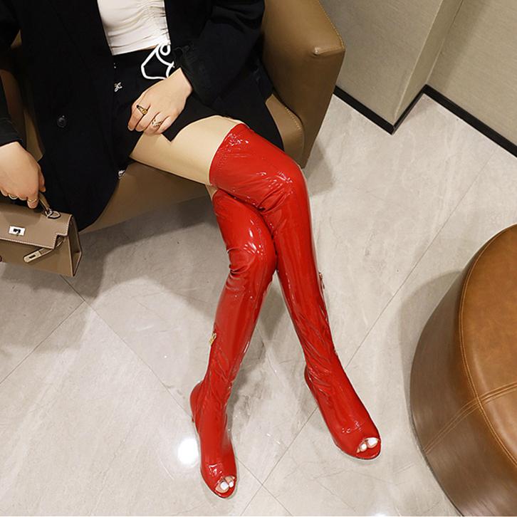 Peep toe PU patent leather stiletto thigh high boots | Sexy tall boots for party nightclub