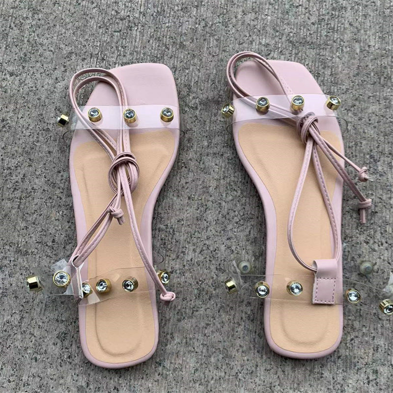 Women's rhinestone ankle tie-up low heel sandals