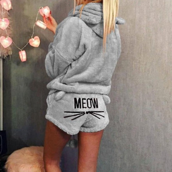 Women's furry cat ear hooded 2 pieces suits long sleeves fall winter lounge suits