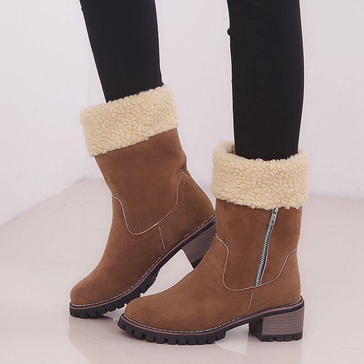 Women's winter plush cuff chunky block heel mid calf boots