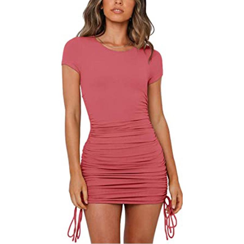 Women's casual crew neck summer ruched bodycon mini dress