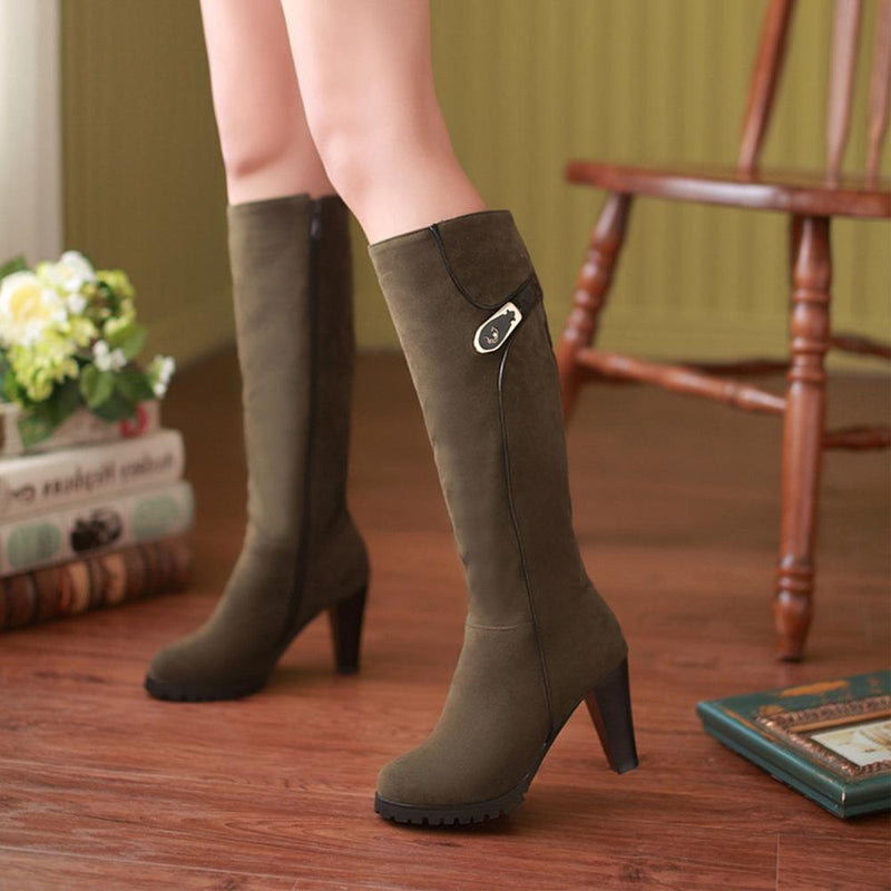Women's elegant chunky high heel knee high dress boots