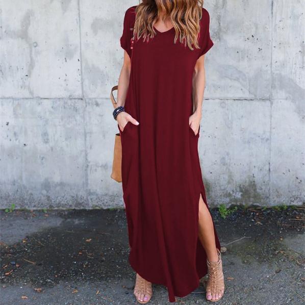 Women's casual v neck loose fit split maxi dress with pockets