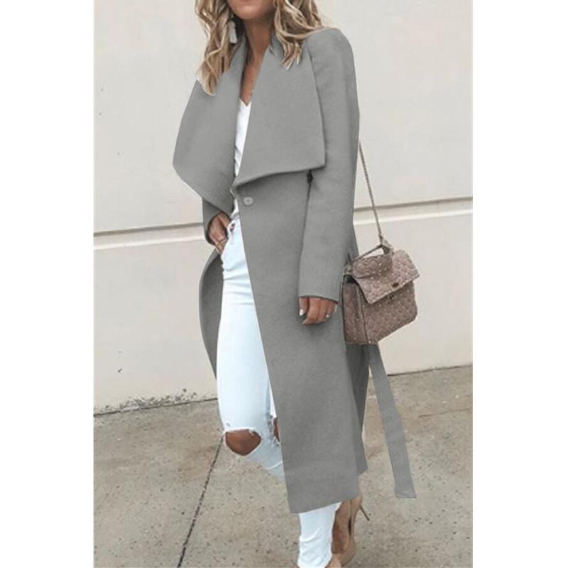 Women's tweed lapel collar long coat with belt