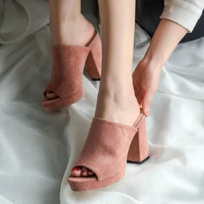 Women's peep toe chunky high heels mules summer casual slip on heels