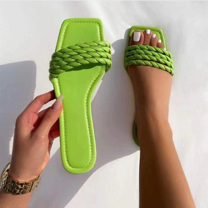 Women's flat open toe woven slides