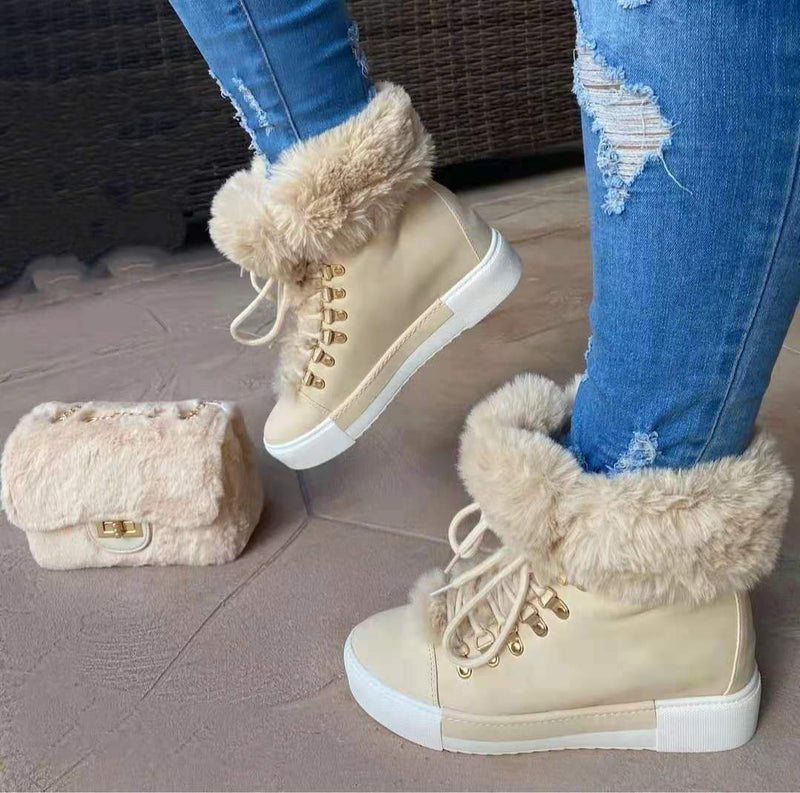 Fuzzy warm lined platform lace-up snow booties