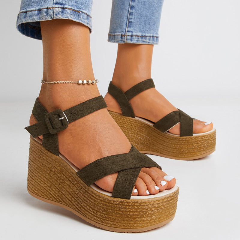 Women's chunky platform wedge heels sandals peep toe buckle wedges faux suede