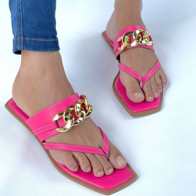 Women's metal chains square toe clip toe flat beach slides summer slippers