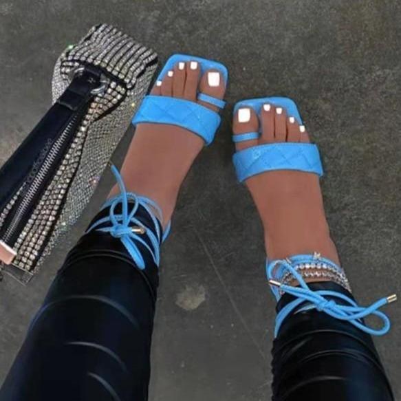 Women's square peep toe lace-up sandals beach sandals
