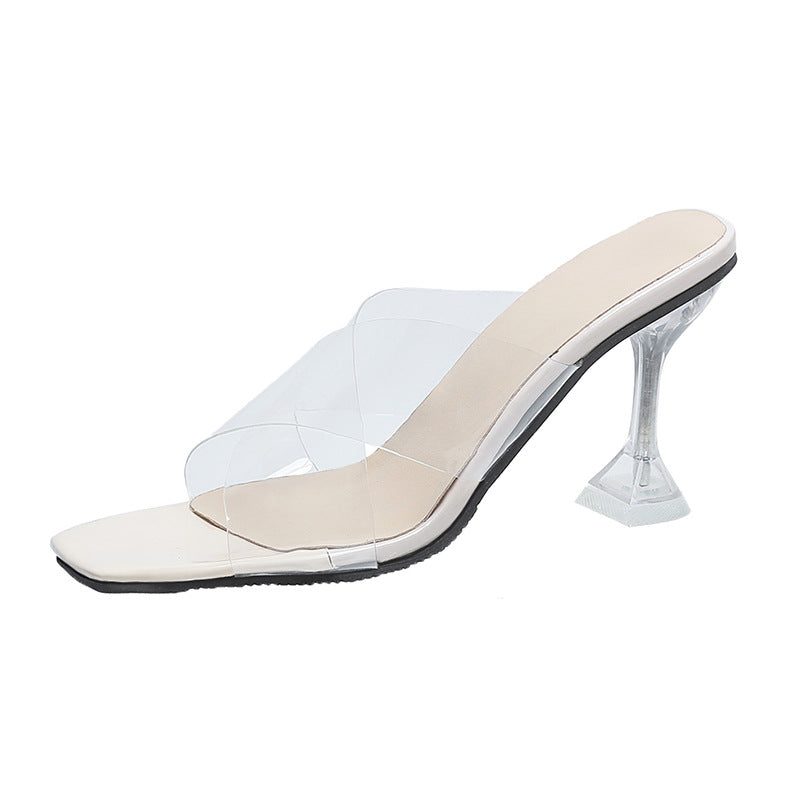Clear pvc crystal criss strap peep toe mules heels | Wine glass slip on heels