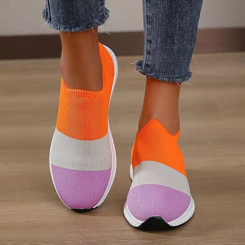 Women's flyknit color block slip on sneakers summer breathable running shoes