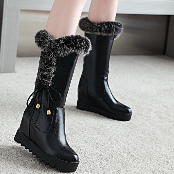 Fashion fuzzy cuff side lace-up mid calf wedge boots
