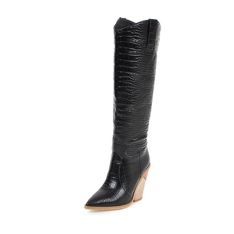 Women's chunky high heels knee high boots Solid cowboy boots Fall winter tall boots