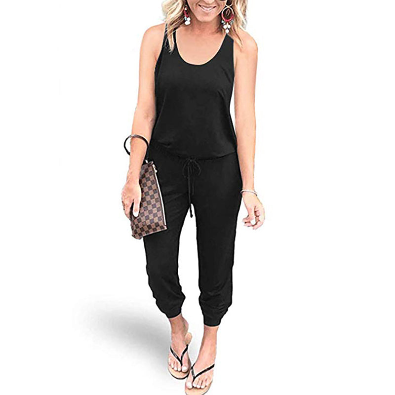 Women's elastic waistband sleevesless jumpsuits with pockets