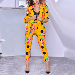 Women's dotted flower print lapel blazers pants 2 pieces suits Sweet printed office suits